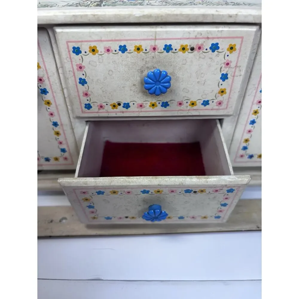 VINTAGE MCM MOD JEWELRY BOX Musical MINI DRESSER WHITE GIRL & Guitar 4 DRAWERS